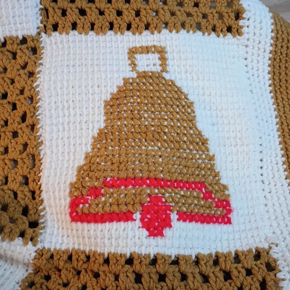 Handmade Crochet Afghan Blanket 64x49 Religious Christian Catholic Gold White